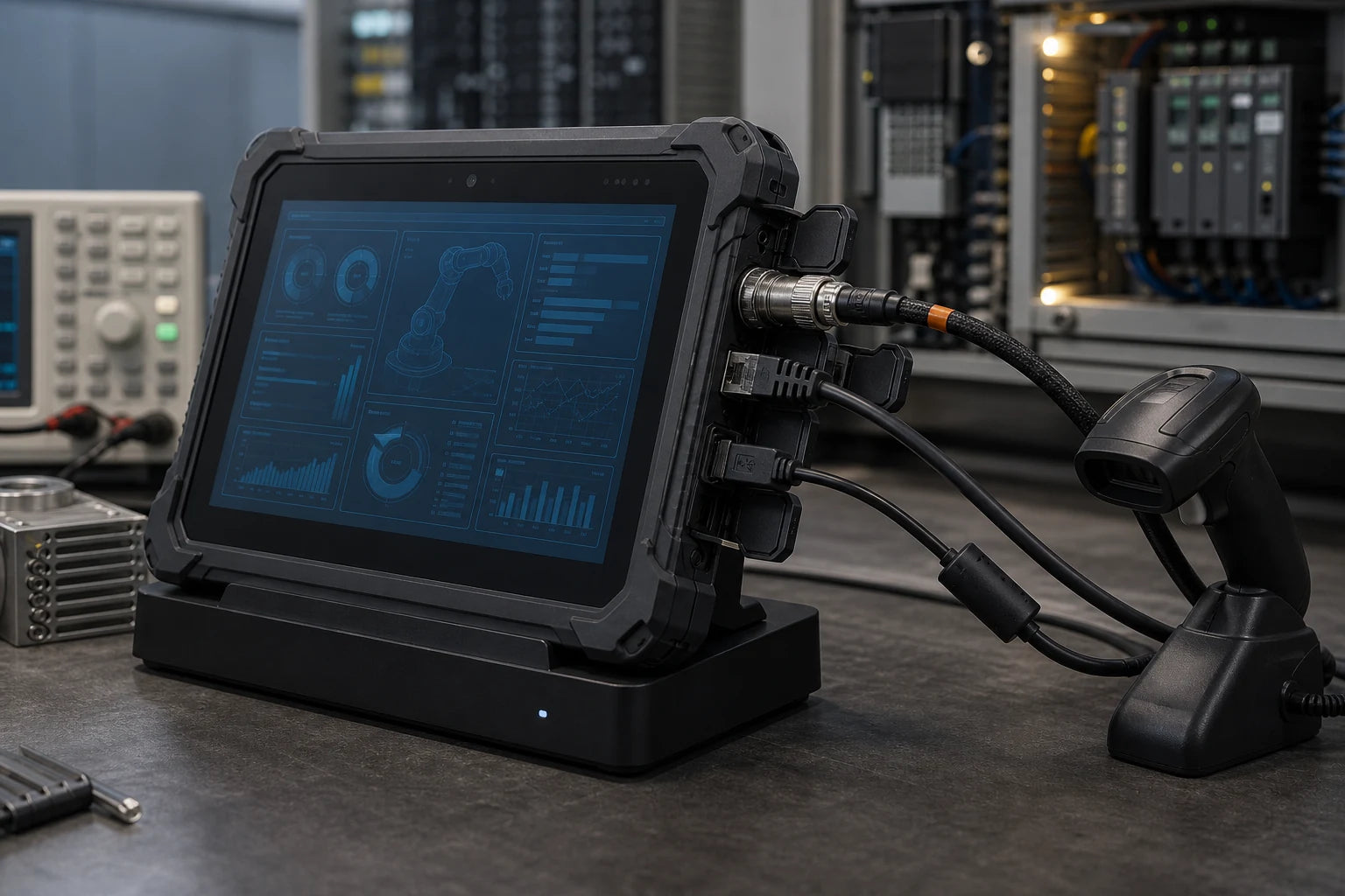 Robustes Windows-Terminal mit gesicherten Industrieanschlüssen, Dock und Scanner