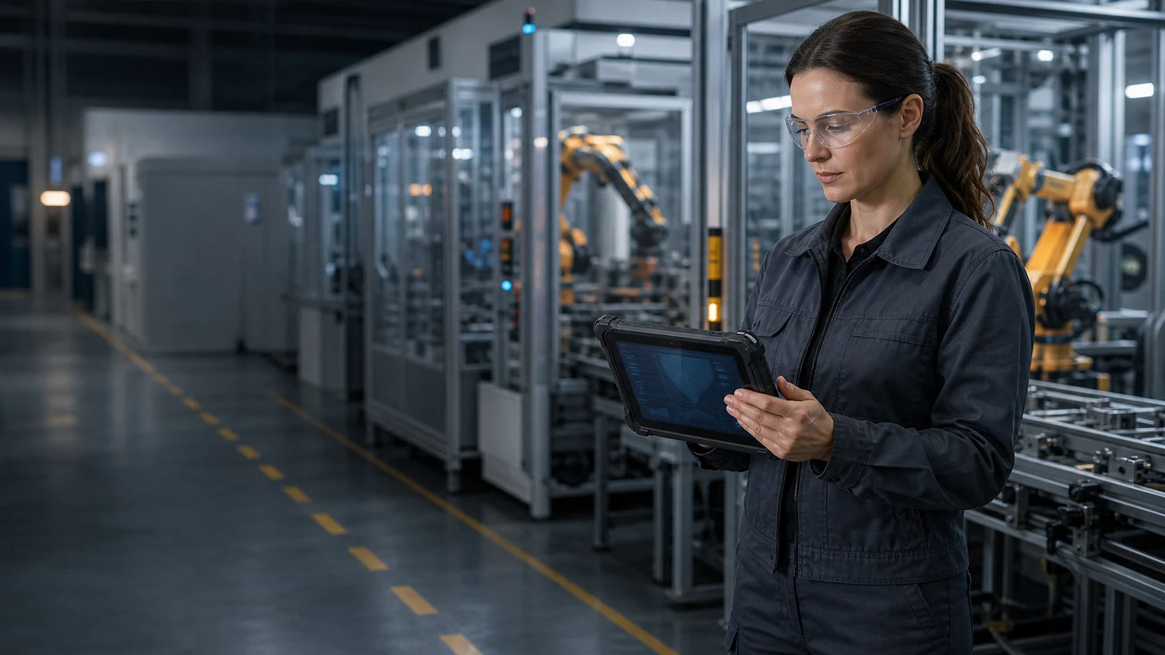 Ingenieurin arbeitet mit einem robusten Windows-Terminal in einer automatisierten Fertigung