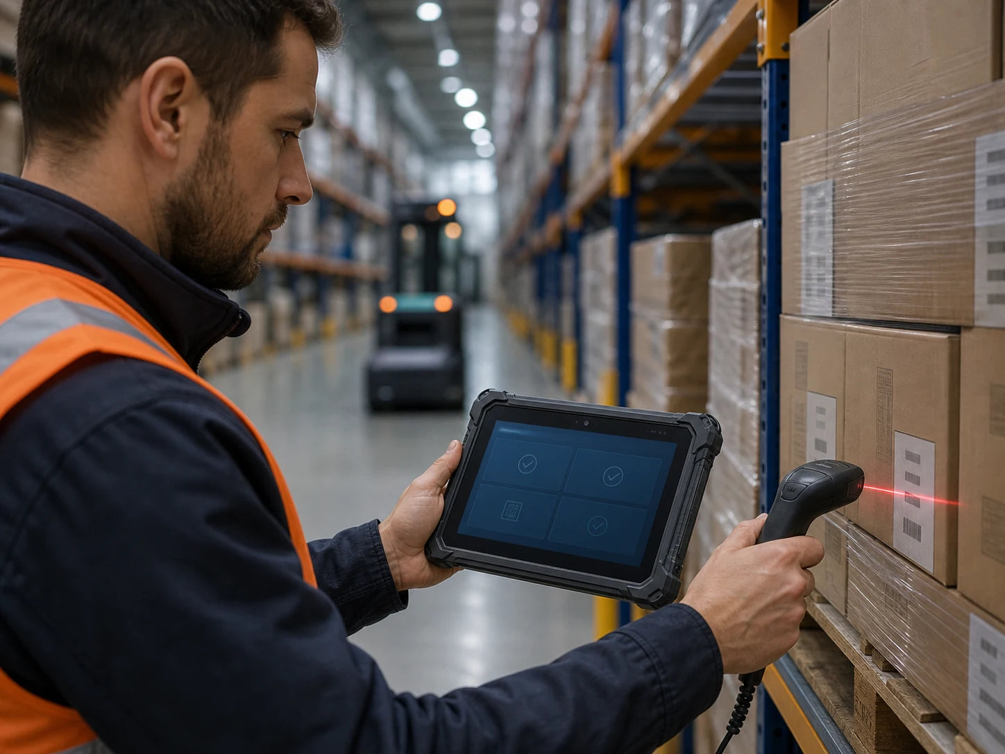 Logistikmitarbeiter scannt eine Palette und bestätigt den Vorgang auf dem Industrie-Terminal