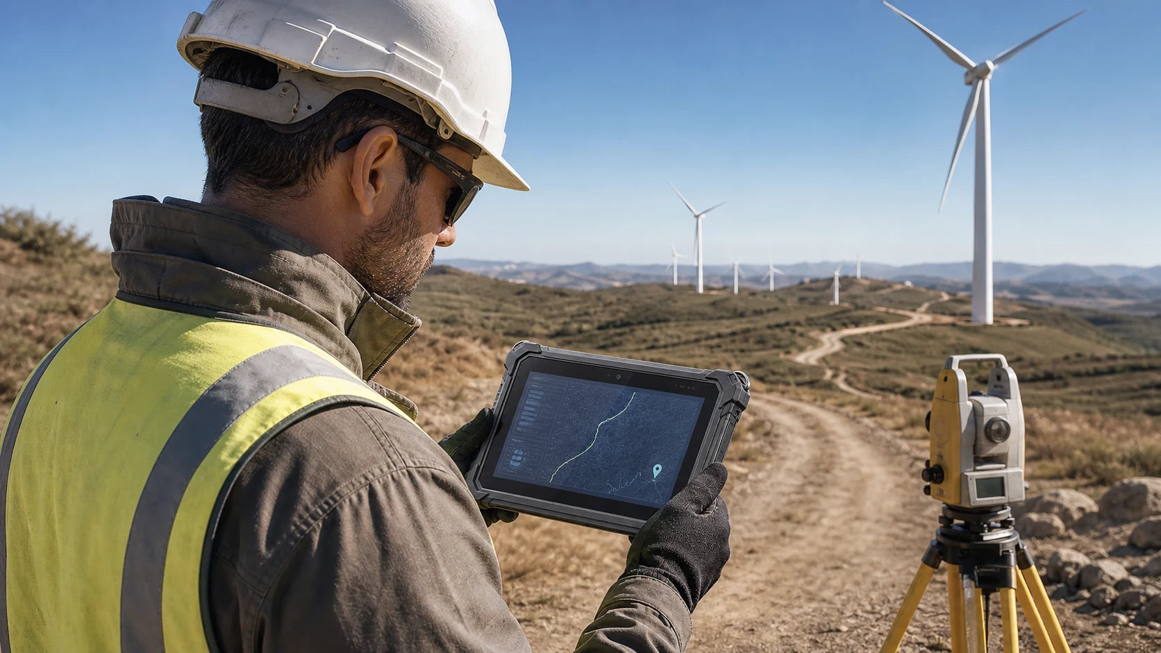 Vermessungsingenieur nutzt das Industrie-Terminal bei direkter Sonne an einem Windpark