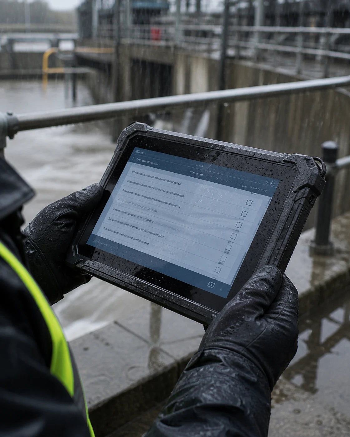 Industrie-Terminal wird bei starkem Regen für eine Anlageninspektion verwendet