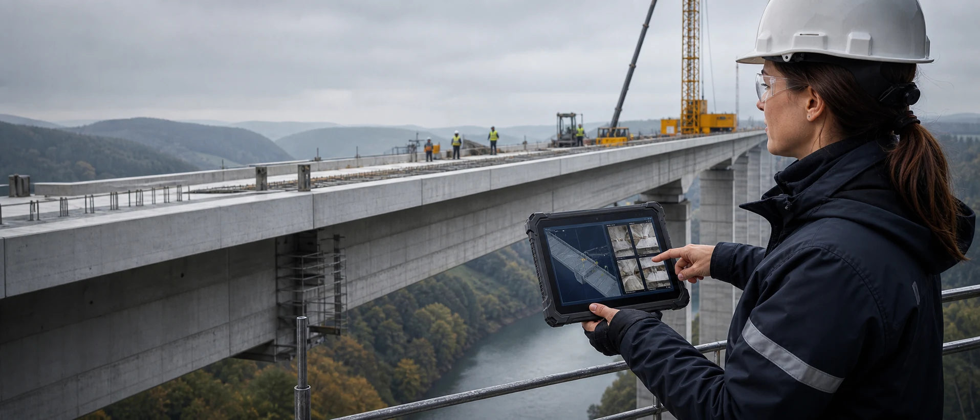 Bauingenieurin vergleicht ein digitales Brückenmodell mit dem Bauwerk
