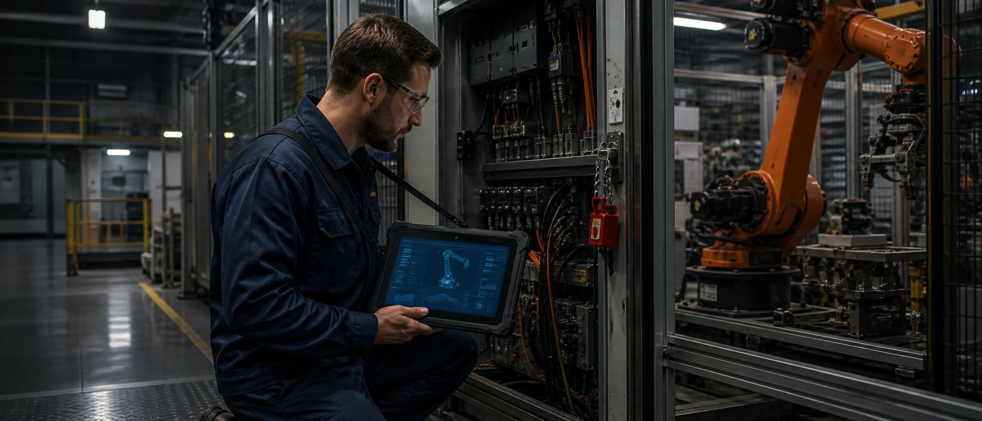Wartungstechniker diagnostiziert eine Roboterzelle mit einem robusten Windows-Terminal